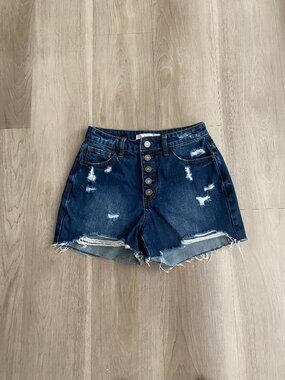 Nature Denim High Rise Distressed Jean Shorts XS Button Fly Raw Hem Festival